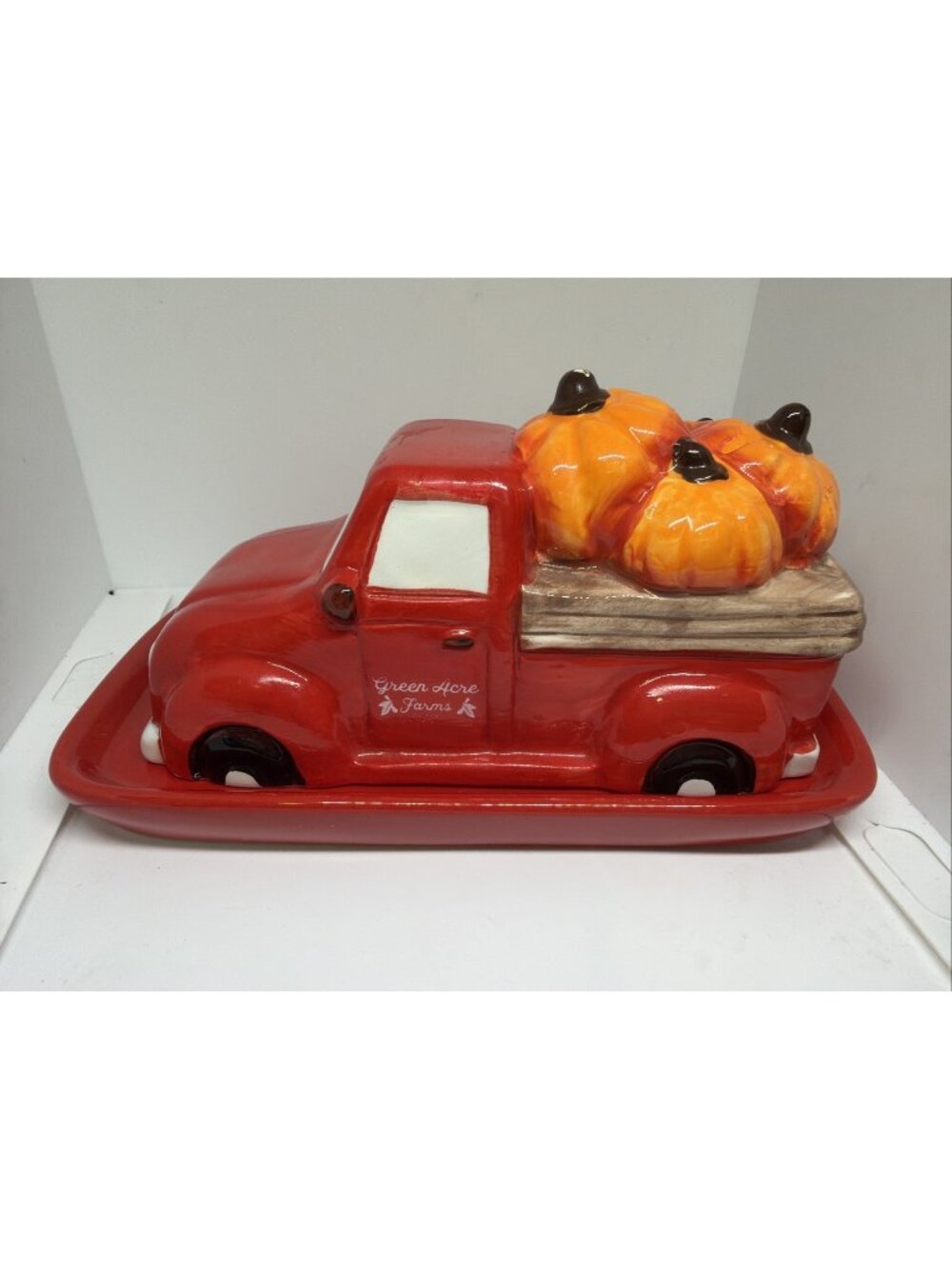 Glogal Design Connection Green Acre Farms Red Truck Pumpkins Butter Dish